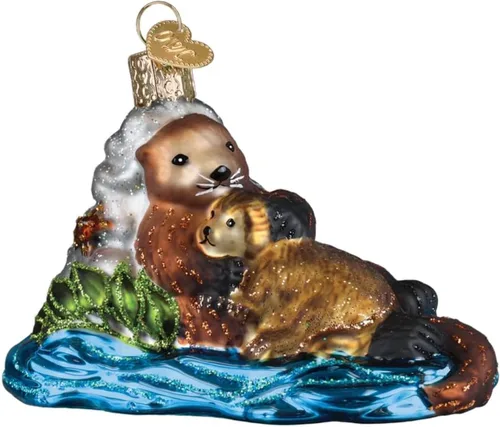 Old World Christmas Nutria con adorno de vidrio soplado para árbol de Navidad, decoración navideña artesanal, colección de animales marinos