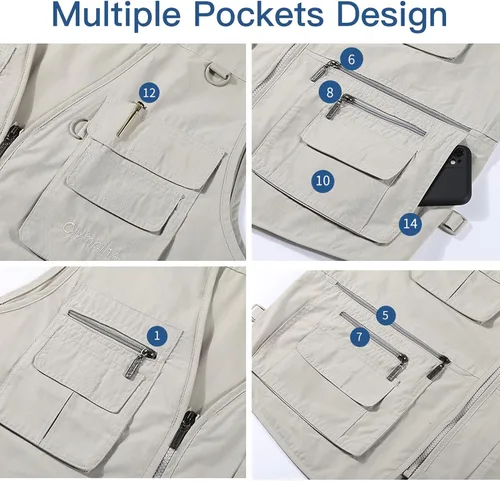 Miniatura 4 de Chaleco Flygo para hombre, para pesca, trabajo, safari, viaje de reportajes o para actividades al aire libre en verano, con bolsillos