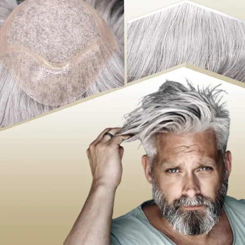 Miniatura 9 de Sistema de reemplazo de cabello humano para hombre, tupé para hombre, piel fina con parte superior de encaje mono y la parte trasera de poliuretano