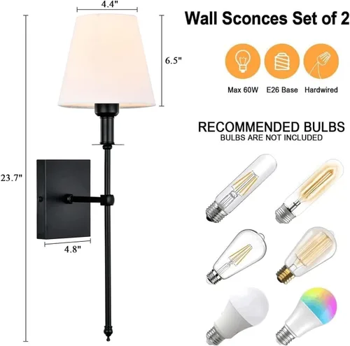 Miniatura 3 de Pauwer Juego de 2 apliques de pared delgados de tela blanca, aplique de pared para interiores, soporte de columna, lámparas de pared para Negro