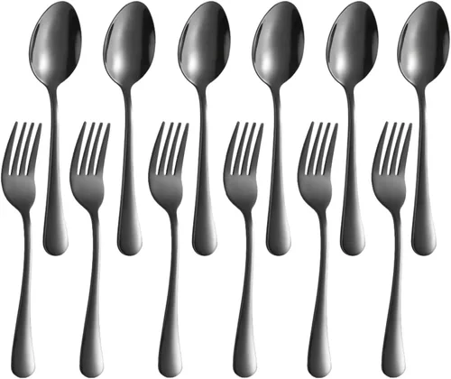 Juego de 12 cucharas y tenedores, cubiertos de acero inoxidable de grado alimenticio, 6 tenedores (6.8 pulgadas) y 6 cucharas (6.6 pulgadas), juego