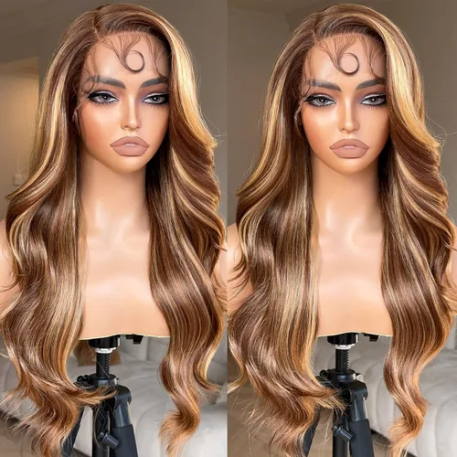 Miniatura 6 de BrownBomb - Peluca sintética de encaje frontal con onda corporal rubio miel, prearrancada, sin pegamento para mujeres, 4/27 con reflejos, degradado