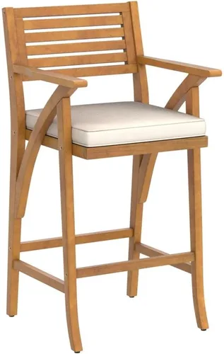 Miniatura 5 de Best Choice Products Juego de 2 taburetes de bar de madera de acacia para exteriores, sillas de bar para patio, piscina, jardín con cojines Crema