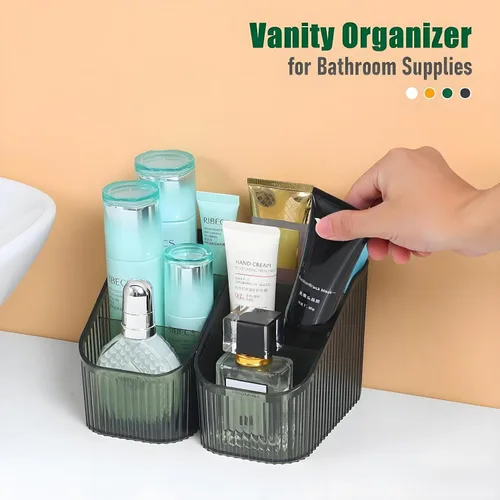 Miniatura 5 de Organizador de brochas de maquillaje ámbar para tocador, organizador de encimera de baño, 5 tazas, almacenamiento y exhibición de artículos