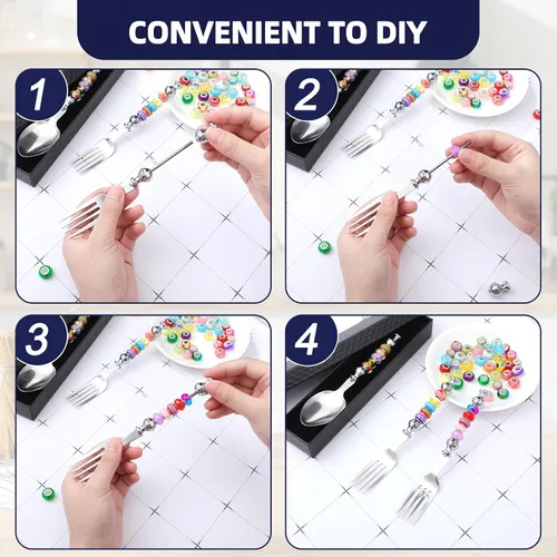 Miniatura 4 de Lasnten Juego de 6 cucharas con cuentas con 50 cuentas surtidas de agujeros grandes, cucharas decorativas de acero inoxidable, artículos