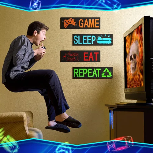 Miniatura 4 de Queekay 4 piezas de decoración de juegos para habitación de adolescentes y niños, pósteres de videojuegos de neón, impresiones artísticas de pared