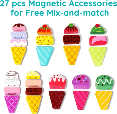 Miniatura 8 de HELLOWOOD Camión de helados de madera, 28 piezas magnéticas de helados dulces, alimentos y accesorios, juguetes Montessori de clasificación