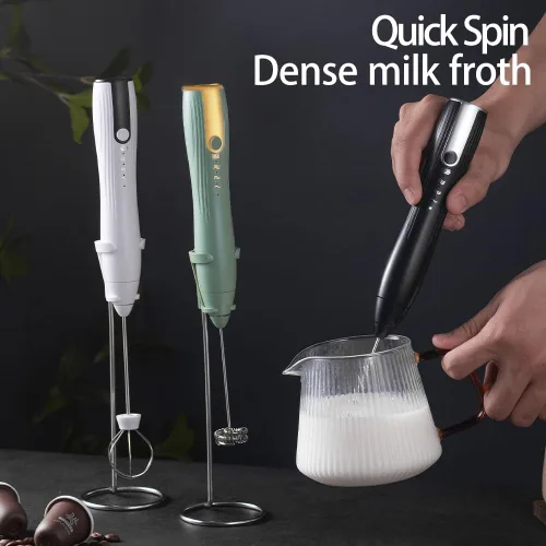 Miniatura 3 de Ruciko Espumador de leche eléctrico recargable de 3 velocidades, acero inoxidable, mini portátil. Carga rápida tipo C para lattes, café, batir