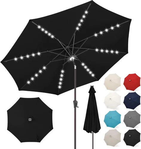 Miniatura 12 de FLAME&SHADE Sombrilla de patio con luz solar de 7.5 pies, 24 luces LED, sombrilla para exteriores con luz envolvente central, sombrilla de mesa