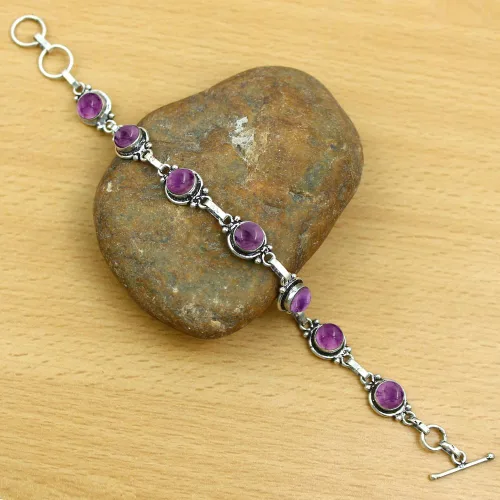 Miniatura 96 de Round Shape Natural & Synthetic Gemstones Silver Plated Bracelets for Women - Vintage Bohemian Style Handmade Birthstone Adjustable Link Bracelet