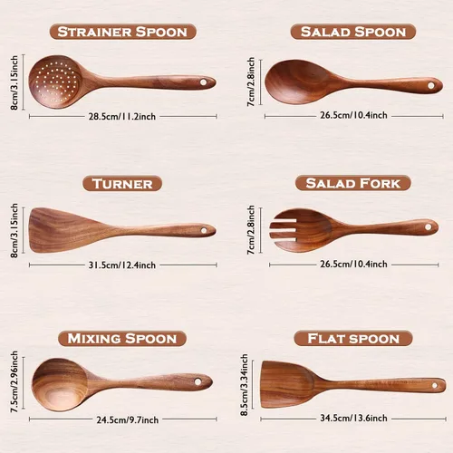 Miniatura 2 de Juego de 6 cucharas de madera de acacia para cocinar, juego de utensilios de madera Duradero, no tóxico, antiadherente, acabado suave, fácil