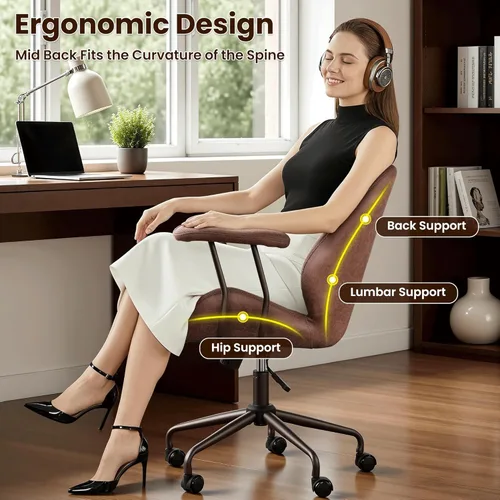 Miniatura 6 de ovios Silla de oficina en casa, sillas ergonómicas de piel sintética de mediados de siglo, respaldo medio, cómodo sillón ejecutivo giratorio