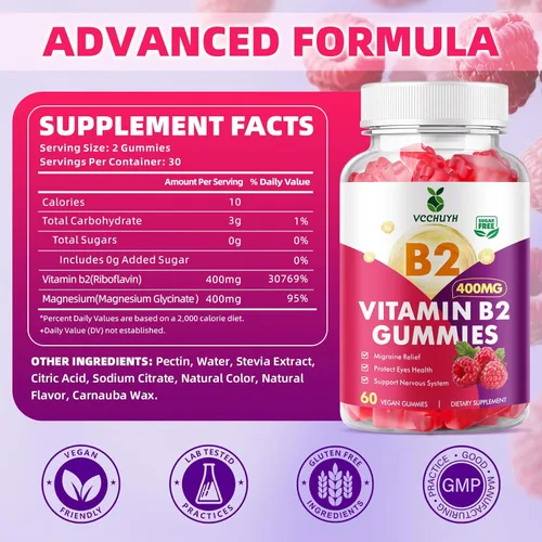Miniatura 2 de Gomitas de vitamina B2 para niños y adultos, VIT B2 Riboflavina 400 mg Suplemento con magnesio para aliviar la migraña y apoyar el sistema nervioso