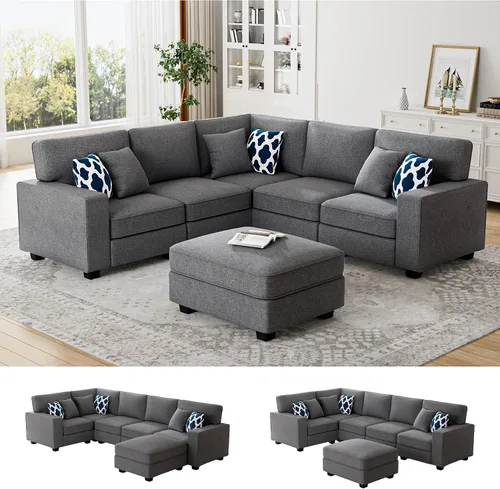 Miniatura 19 de Legend Vansen - Sofá modular seccional en forma de U con otomano, moderno, reversible, de esquina, para sala de estar (Créma, Sofá en forma de U-3)
