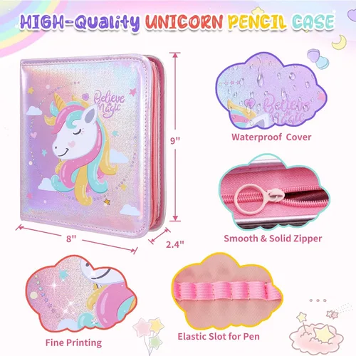 Miniatura 4 de JAMIEWIN Juego de marcadores con estuche de lápices de unicornio con purpurina, kit de 59 piezas de suministros de arte y manualidades para niños