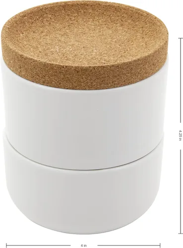 Miniatura 5 de Kamenstein Bodega apilable de corcho y cerámica de 3 piezas para sal y pimienta para ahorrar espacio en la encimera; tapa giratoria para mantener