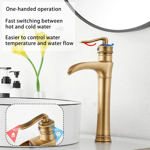Miniatura 3 de Grifo de baño de cascada de latón antiguo GGStudy con una sola manija de un agujero, grifo de lavabo de baño a juego con drenaje desplegable