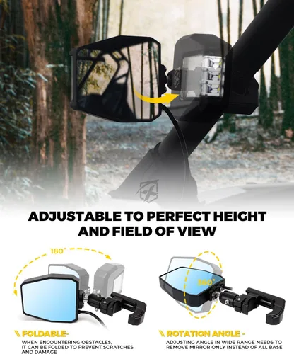 Miniatura 4 de Xprite UTV Espejos Laterales de Aluminio con Focos LED Lente Transparente Compatible con Barra de Jaula Antivuelco de 1.75"-2" para Pioneer Polaris