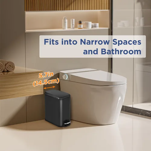 Miniatura 3 de BestOffice Cubo de Basura Delgado con Tapa, 1.3 Galones, Pedal de Paso, Cubo de Basura Pequeño, Negro, Cubo de Acero Inoxidable para Baño