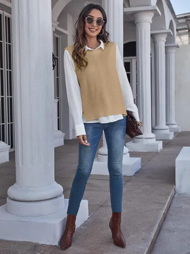 Miniatura 4 de Verdusa Chaleco de suéter sin mangas con cuello redondo dividido para mujer