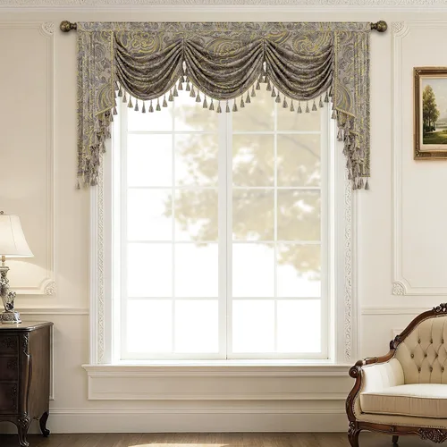 Miniatura 11 de Loom and Mill Cenefa de cascada de lujo de jacquard para sala de estar, elegantes cenefas de ventana con festones y cuentas damascadas, cortinas