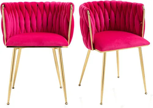 Miniatura 9 de Juego de 2 sillas de comedor de terciopelo, modernas sillas de comedor tapizadas con patas de metal dorado y respaldo tejido para comedor, cocina