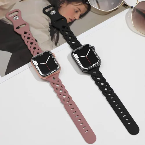 Miniatura 3 de Correas de silicona trenzadas compatibles con Apple Watch de 38/40/41/42/44/45/46/49 mm, correa hueca delgada y estrecha para iWatch Ultra 2/3 SE 3