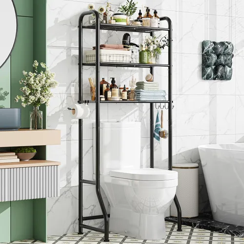 Simple Trending Over The Toilet Storage Rack, Metal 3 Tier Bathroom Organizer Shelf with Paper Holder and 3 Hooks, Freestanding Shelf Space Saver