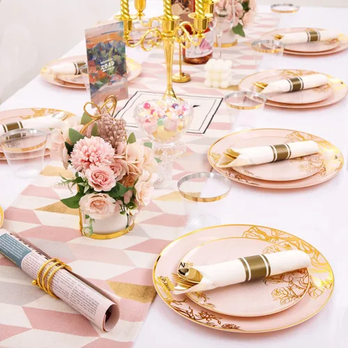 Miniatura 6 de DaYammi Juego de 210 platos de plástico rosa, juego de vajilla desechable floral dorado rosa, 30 platos llanos, 30 platos de ensalada, 30