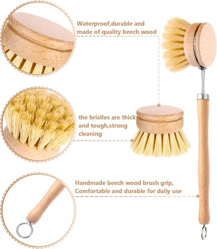 Miniatura 3 de Boao Paquete de 3 cepillos para platos con mango de madera de haya con cabezales de repuesto, cepillo de madera natural para lavar y limpiar ollas