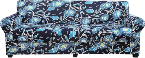 hyha Funda para sofá, diseño floral, elástica, estampada, 4 piezas, fundas para sofá de 3 cojines separados, protector de muebles lavable para Azul