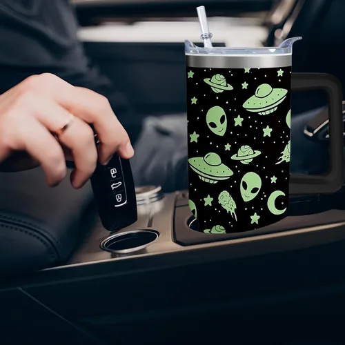 Miniatura 7 de Vaso térmico de alienígena de 40 onzas con asa y pajita abatible, taza aislante de acero inoxidable para amantes de ovnis, taza de café de viaje