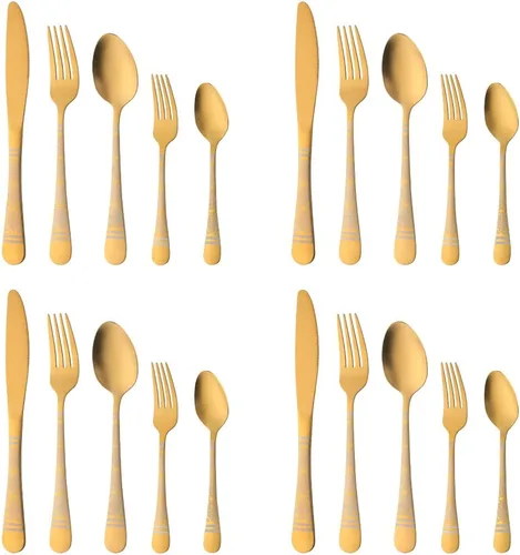 Juego de cubiertos martillados dorados para 4, 20 piezas, diseño único de acero inoxidable, incluye cuchillos, tenedores, cucharas, esmalte de Oro