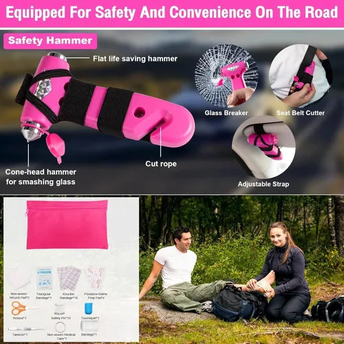 Miniatura 7 de Kit de emergencia en carretera para vehículos, con aspiradora de coche inflable 4 en 1, cables de puente rosa, kit de primeros auxilios, cuerda