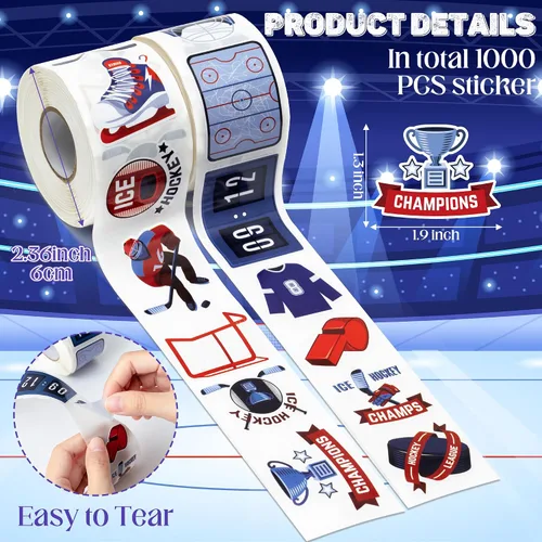Miniatura 2 de 1000 calcomanías de hockey sobre hielo en 2 rollos con 16 patrones, lindos adhesivos autoadhesivos motivacionales de hockey sobre hielo