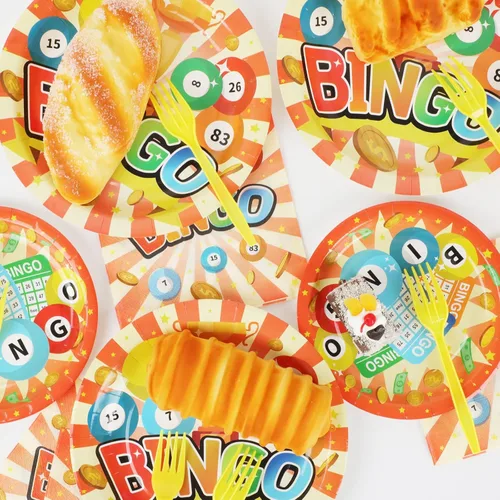 Miniatura 5 de Wiooffen 96 piezas de suministros para fiesta de bingo para 24 invitados, juego de vajilla para fiesta de bingo, decoración para fiesta, bingo