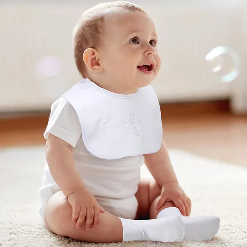 Miniatura 6 de Hicarer 5 piezas de regalos de bautismo para niños y niñas, incluyendo babero blanco bordado cruz babero bautizo zapatos y calcetines para bebé bebé