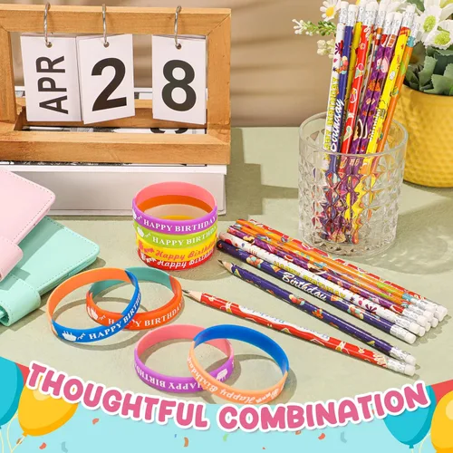 Miniatura 6 de Sabary Juego de 48 pulseras de goma para lápices de feliz cumpleaños, recuerdos de fiesta de cumpleaños, pulseras de silicona para niños, Arcoír