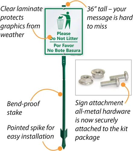 Miniatura 4 de SmartSign Letrero bilingüe LawnBoss® "Please - Do Not Litter" Letrero de aluminio de 10 x 12 pulgadas con estaca de 3 pies