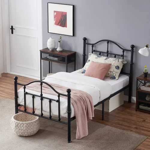 Miniatura 10 de VECELO Marco de cama de plataforma de metal completo con cabecero, soporte de listones de acero resistente, almacenamiento debajo de la cama,