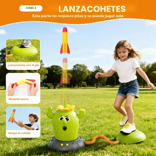 Miniatura 3 de Cactus 4 en 1 juguetes musicales saltarines, juego de lanzar anillos y lanzador de cohetes pisoteables para niños de 3 a 8 años, juguete deportivo