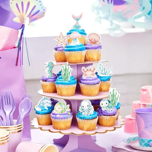 Miniatura 6 de 40 piezas comestibles bajo el mar, sirena, cupcakes, algas, pulpos, estrellas de mar, cupcakes, lindos animales del océano, selecciones de alimentos