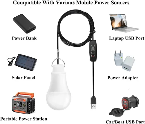 Miniatura 5 de Paquete de 2 bombillas USB regulables alimentadas por USB de 5 V 7 W, lámpara colgante para exteriores, portátil, para campamento, camión, tienda