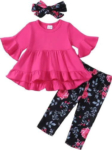 Miniatura 16 de Kucnuzki Conjunto de ropa para bebé niña pequeña, camisa de manga con volantes, pantalón floral, ropa de otoño e invierno para niña