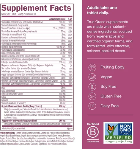 Miniatura 2 de True Grace One Daily Multivitamínico para mujer con más de 40 minerales fermentados, adaptógenos orgánicos y hongos Energía, inmune, apoyo óseo, sin