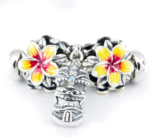 Miniatura 8 de Flor tropical roja y amarilla Plumeria Frangipani Flower Sterling Silver Charm Bead S925, Flor tropical hawaiana, flor tropical floreciente, flor