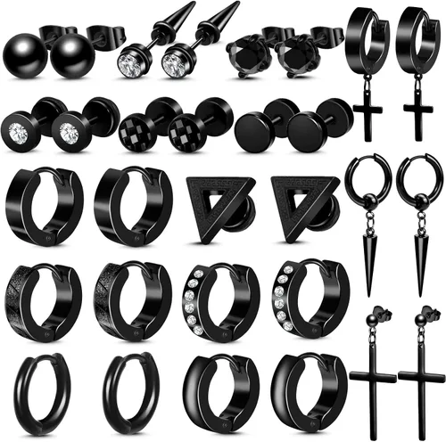 ONESING Juego de 15 pares de aretes para hombre, aretes negros de acero inoxidable, aretes de cruz para hombres y mujeres, hipoalergénicos