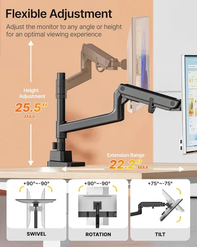 Miniatura 5 de monTEK Brazo para monitor ultra ancho de 17-57 pulgadas para pantallas de hasta 59.4 libras, soporte ajustable de pantalla curva única de aluminio