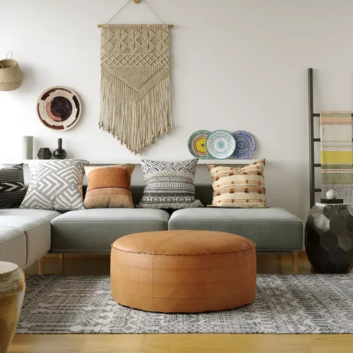 Miniatura 2 de SIMPLIHOME Brody - Puf redondo bohemio en piel sintética vegana marrón envejecida para la sala de estar, el dormitorio y la habitación de los niños