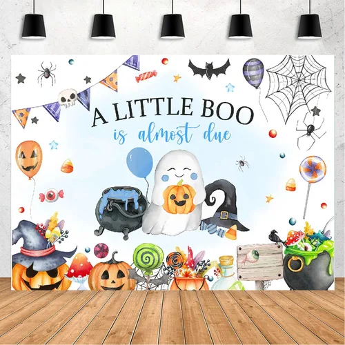 Blue A Little Boo - Telón de fondo para baby shower para niños, Halloween, calabaza, baby shower, fantasma, Halloween, baby shower, decoraciones de
